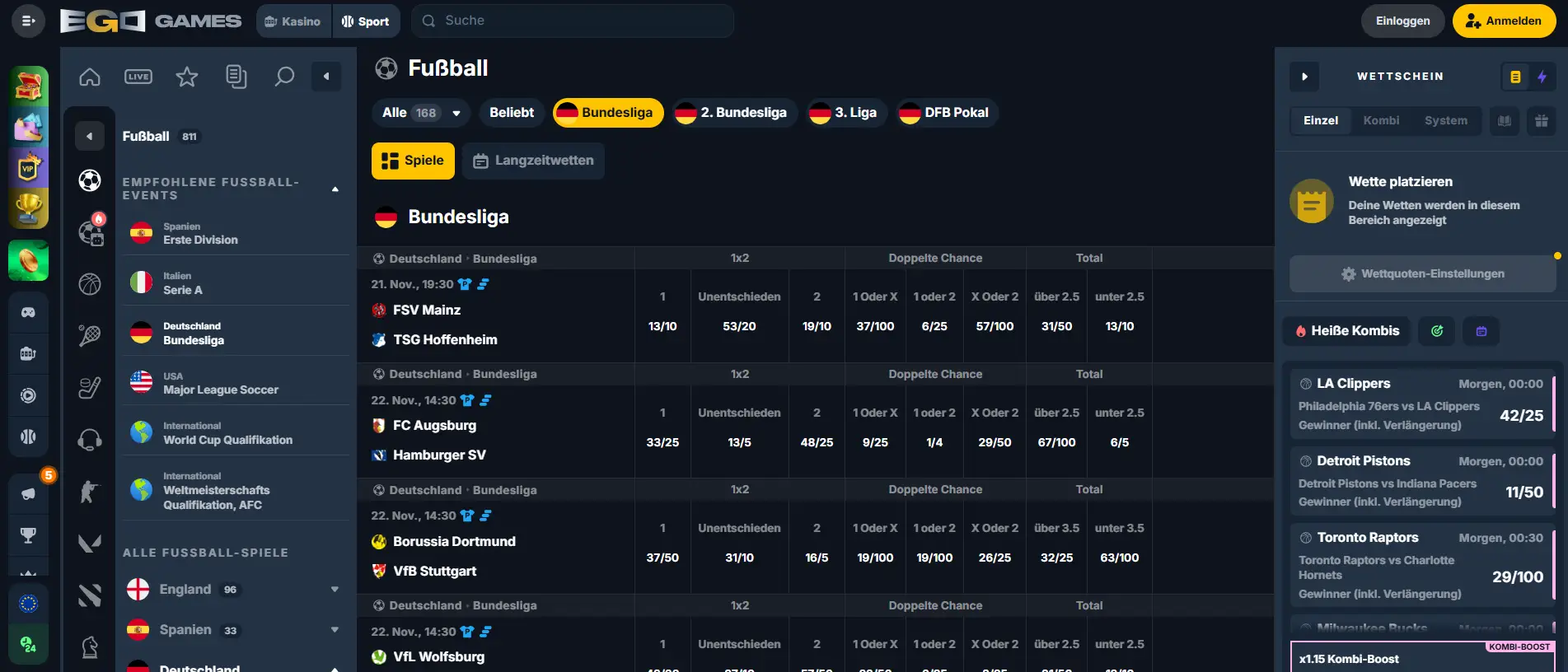 EgoGames Sportwetten-Bereich mit aktuellen Wettmärkten