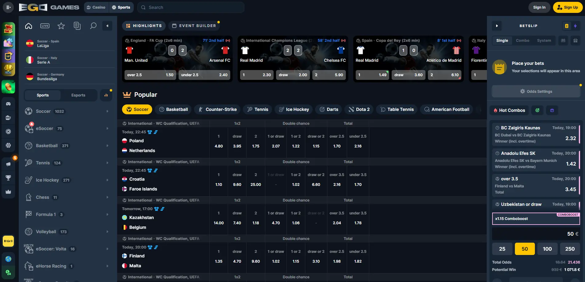 EgoGames sportsbook interface showing live betting options