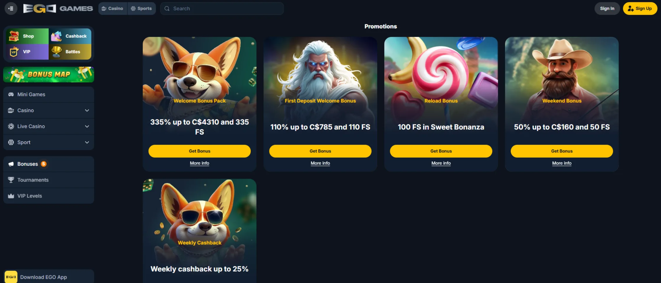 EgoGames Casino bonus offers and promotions for Canadian players