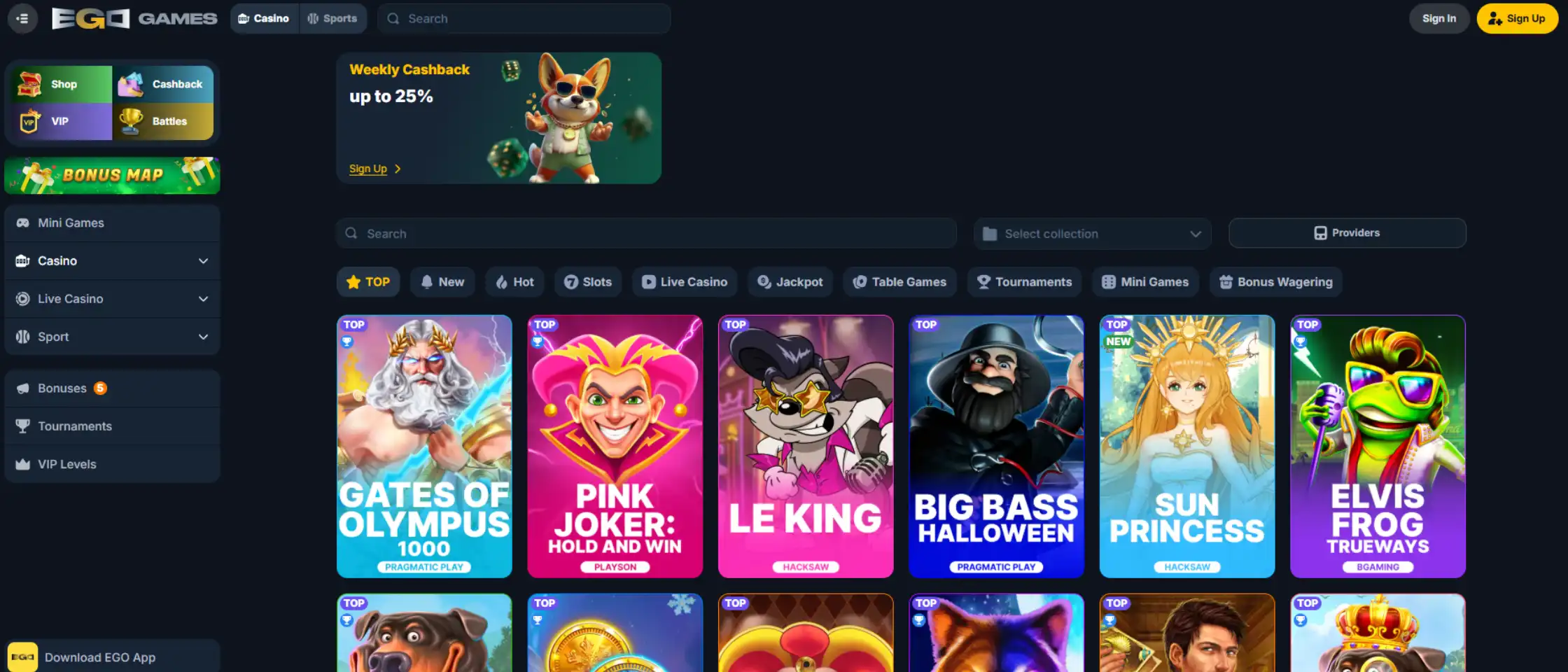 EgoGames Casino full game lobby selection