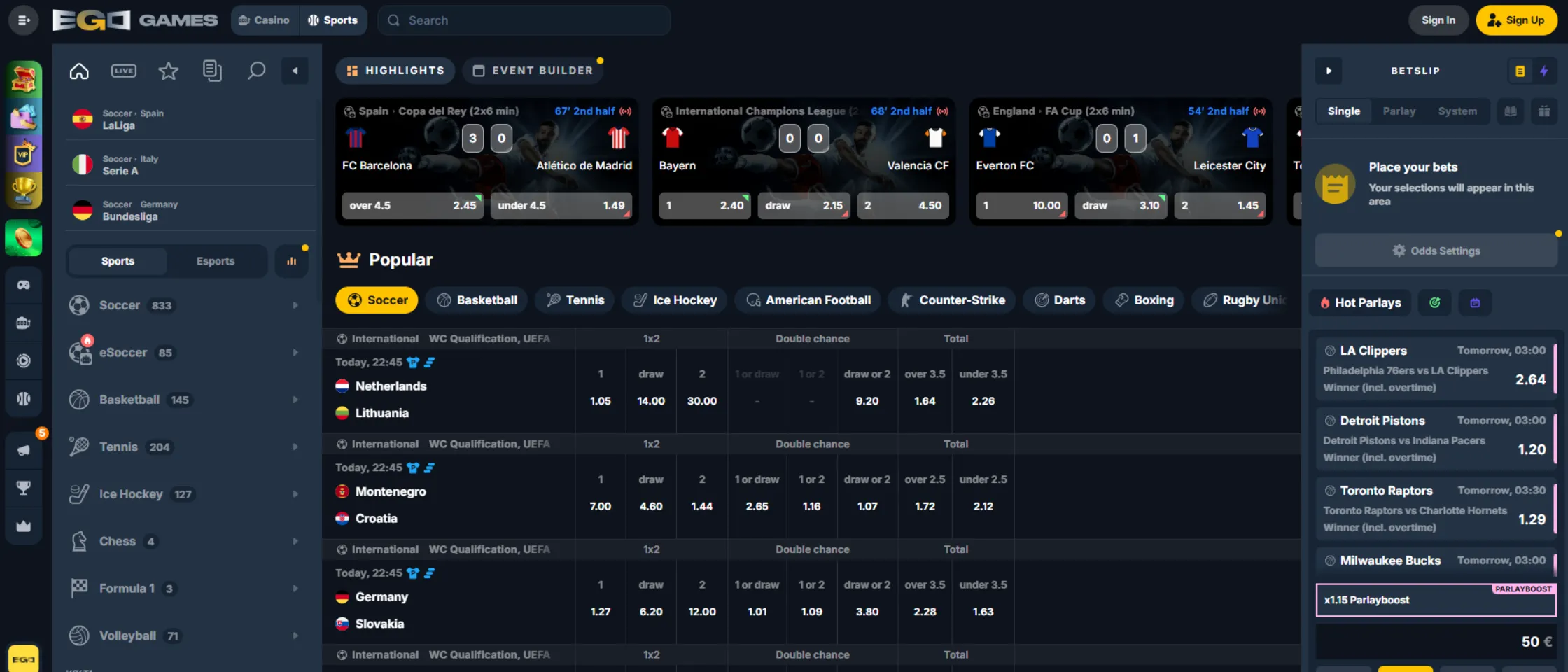 EgoGames Casino sportsbook betting interface