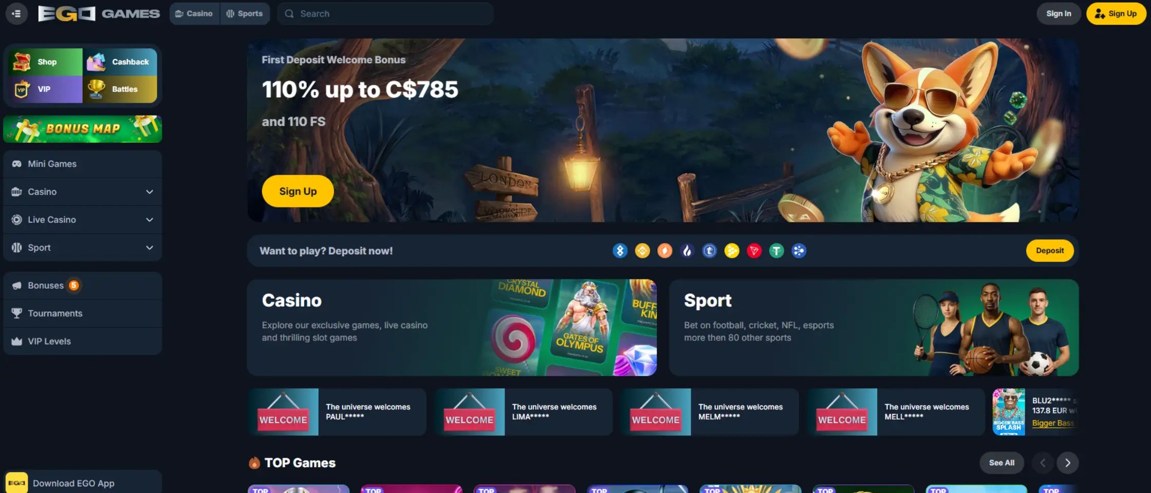 EgoGames Casino Canada homepage overview