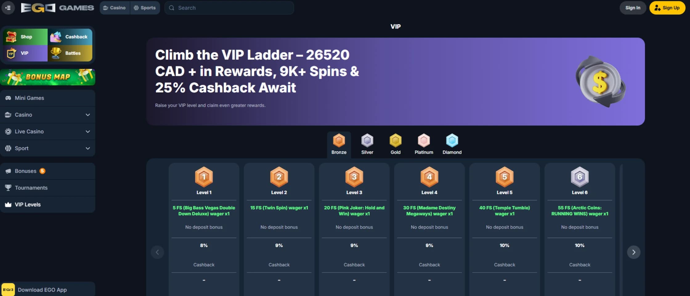 EgoGames VIP loyalty program tiers and cashback rewards for Canadian players