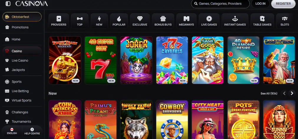 Casinova Casino game lobby showcasing titles like 40 Super Hot, Fruit Train, and Joker Winpot, with navigation menu and filtering options displayed on a dark background.