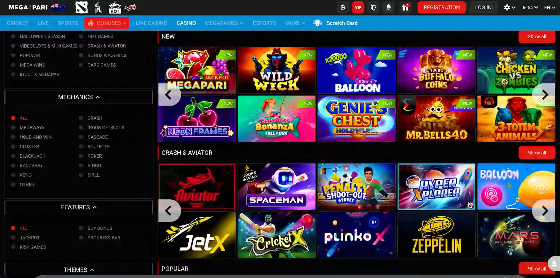 Megapari Casino game lobby showing a wide variety of pokies and table games.