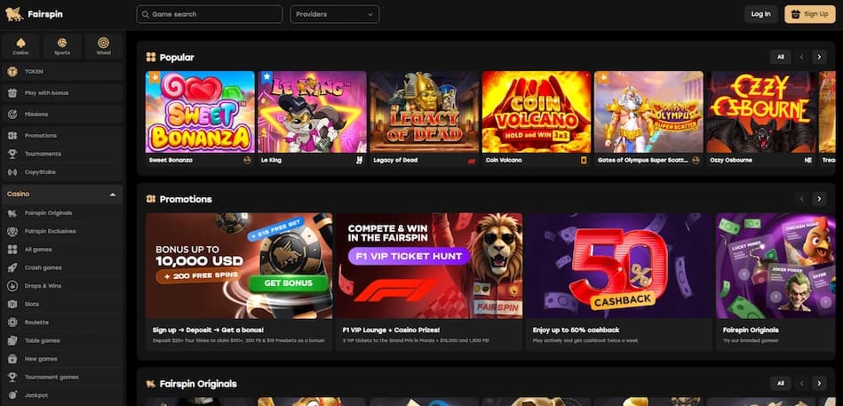 Fairspin online casino and sportsbook homepage overview
