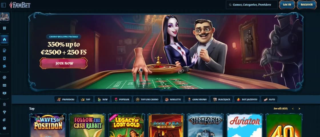 Fambet Casino homepage showing the main lobby and navigation menu