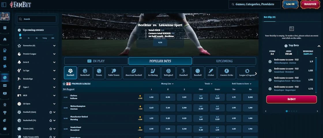 Fambet Casino Sportsbook with boosted odds on major sporting events