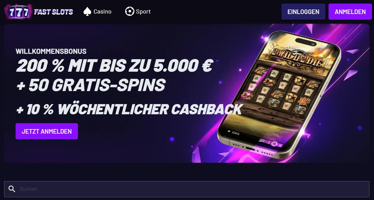 Startseite von Fast Slots Casino im Überblick.