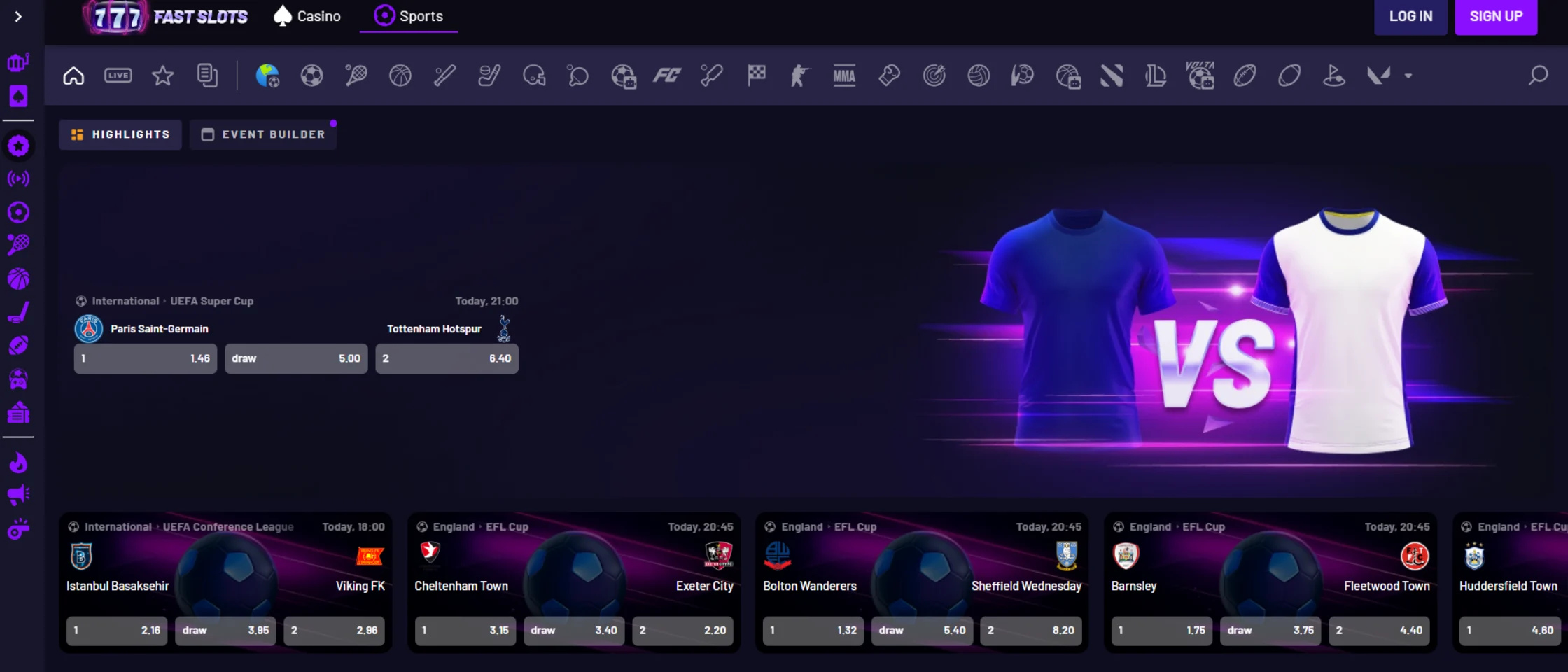 Fast Slots sportsbook interface showing live betting odds and sports markets