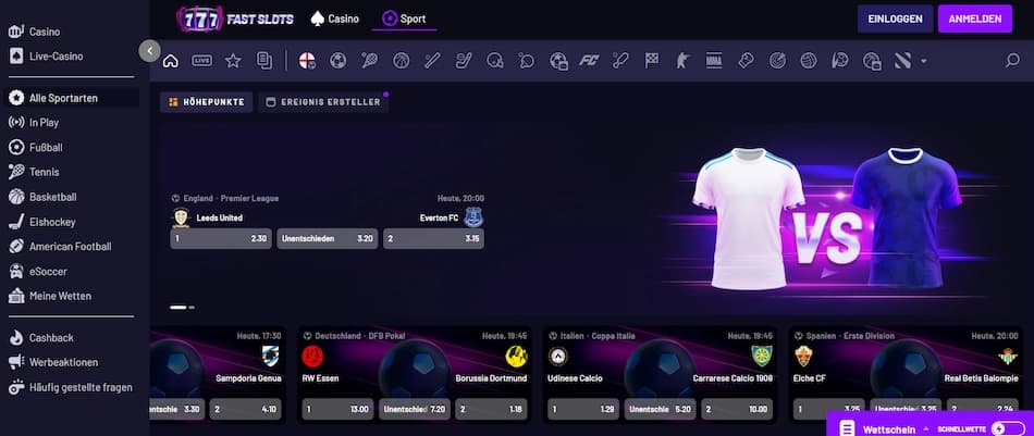 Fast Slots Sportwetten-Bereich mit Live-Wetten und aktuellen Quoten für deutsche Spieler