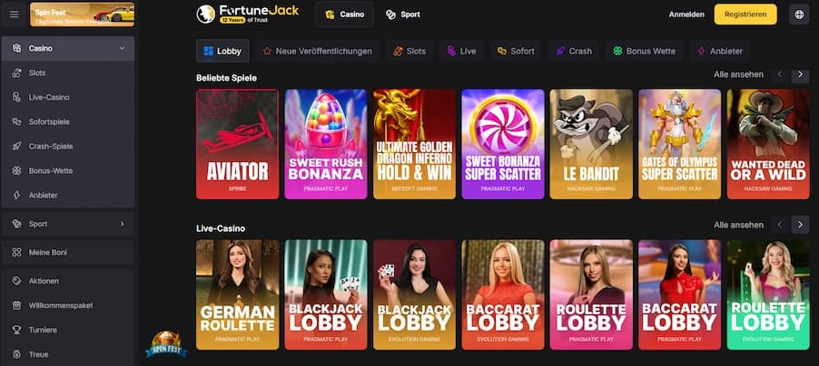 Spiellobby von FortuneJack Casino mit einer Auswahl an Top-Titeln