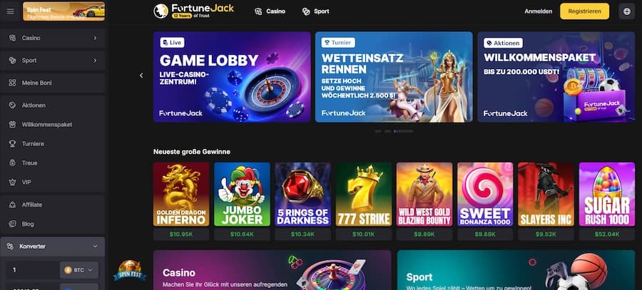 FortuneJack Casino Startseite mit dem aktuellen Willkommenspaket
