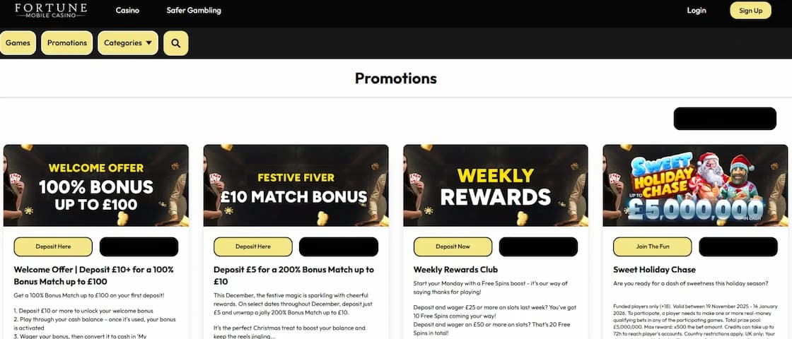 Fortune Mobile Casino promotions page showing available bonus offers