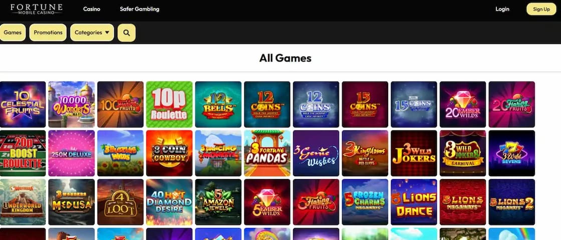 Fortune Mobile Casino slot lobby showing featured game categories