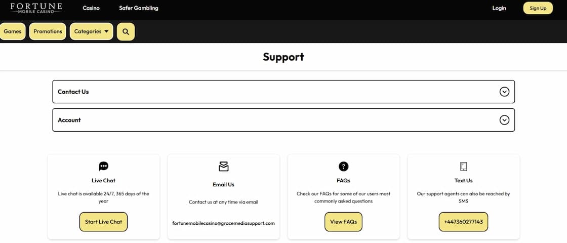 Fortune Mobile Casino customer support channels and contact options