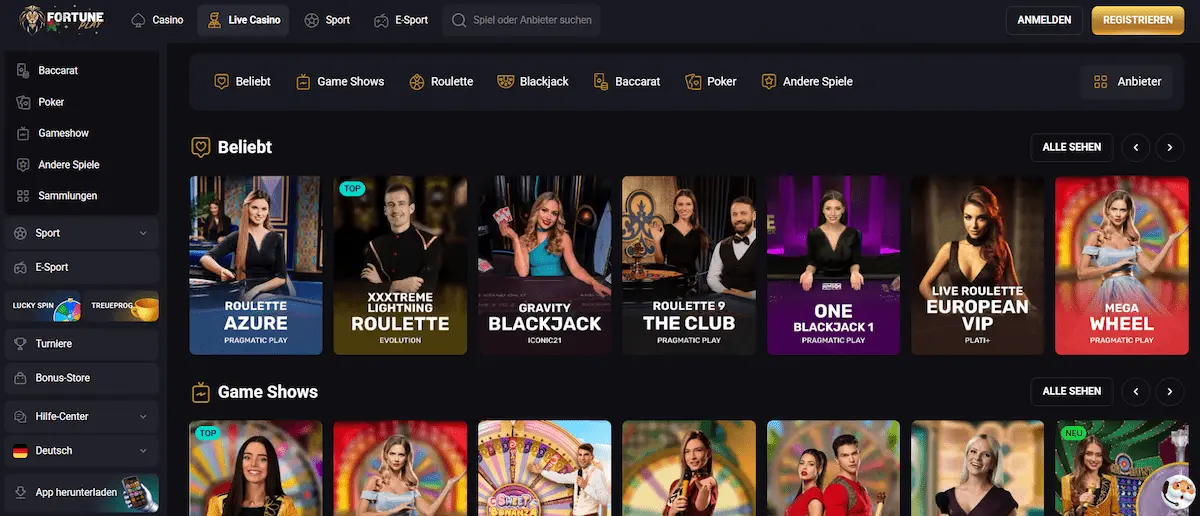 Fortune Play Casino Spiellobby mit Live Casino Bereich