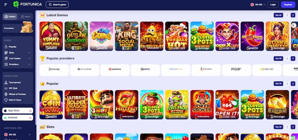 Fortunica Casino homepage banner showing the main lobby and promotional offers