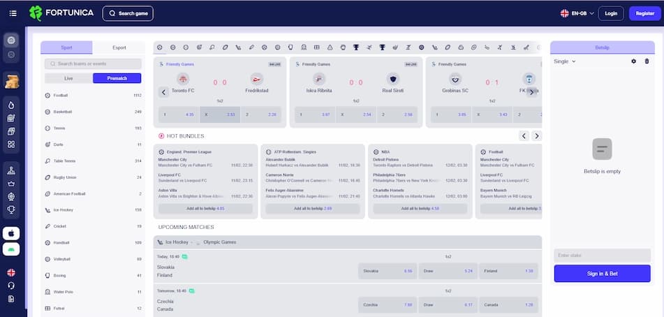 Fortunica Casino sportsbook interface displayed on a desktop browser