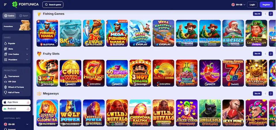 Fortunica Casino game selection screen showing multiple game categories