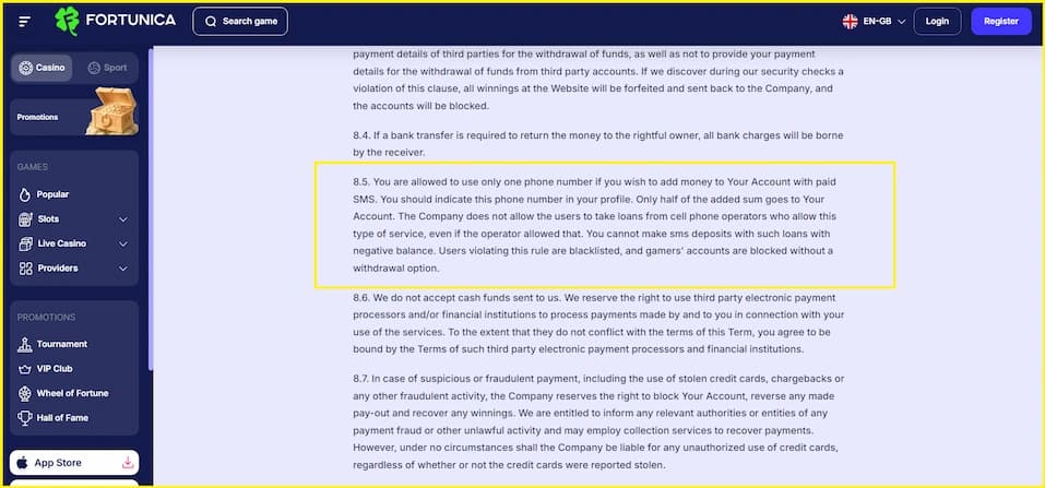 Fortunica SMS deposit terms and conditions showing the 50% credit rule and holding period