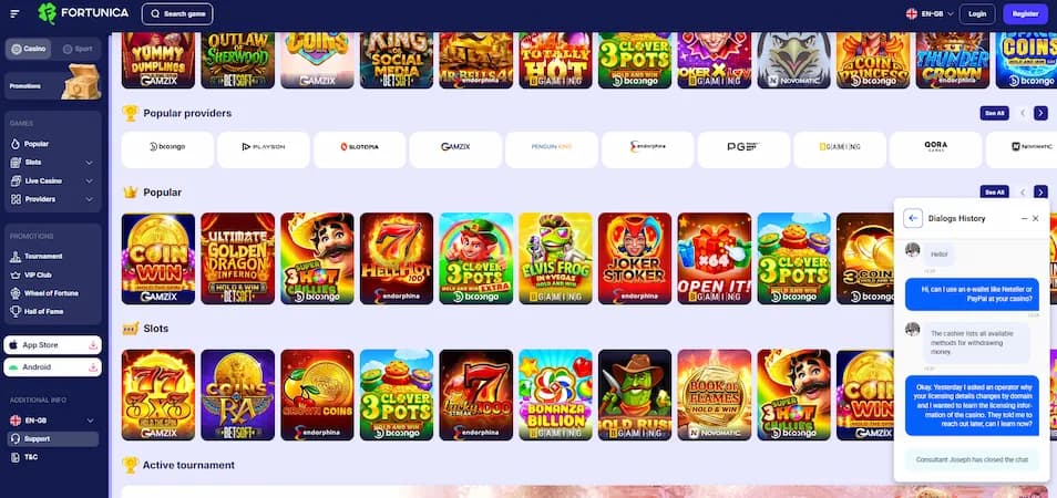 Screenshot of a live chat conversation between a player and Fortunica Casino customer support agent.