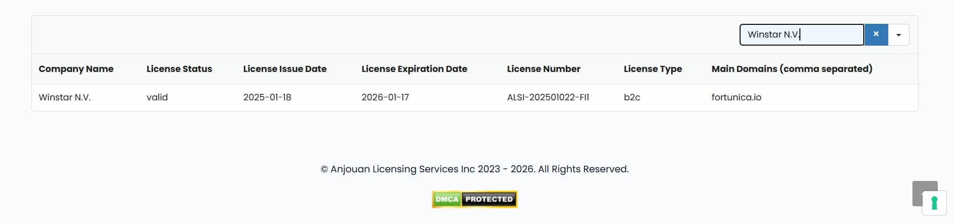 Screenshot displaying Fortunica Casino's Anjouan gaming licence details and registration information.