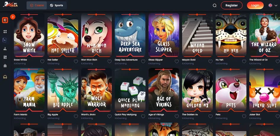 Forza.Bet slot games lobby displaying a wide selection of video slots from top providers