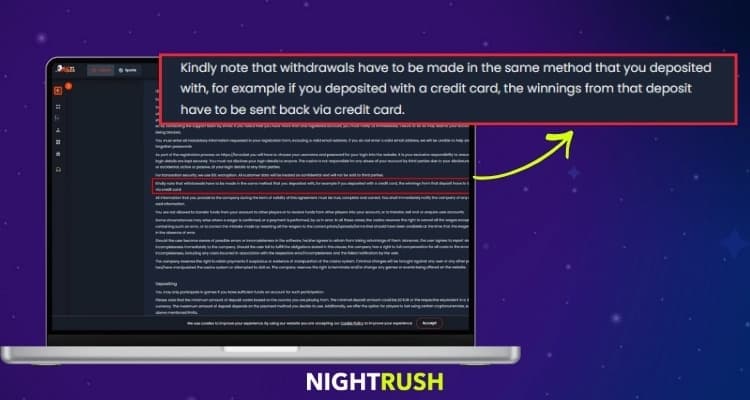 Laptop screen showing the Forza.Bet Terms and Conditions page with a highlighted section confirming that withdrawals must use the same method as the original deposit