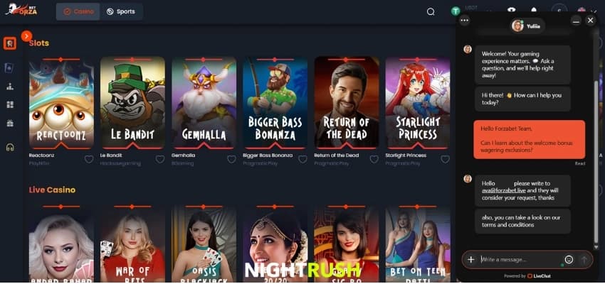 Forza.Bet Casino live chat interface showing a 5-minute wait time and agent referral to email for bonus wagering term queries