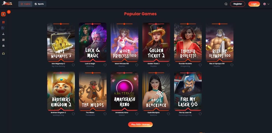 Forza.Bet casino games library showcasing a wide range of slots and table games