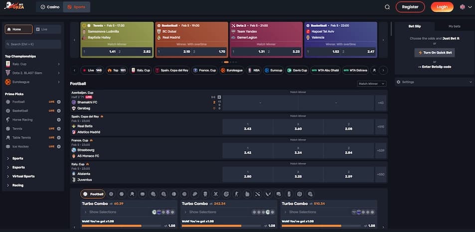 Forza.Bet sportsbook lobby showing football and Esports betting markets