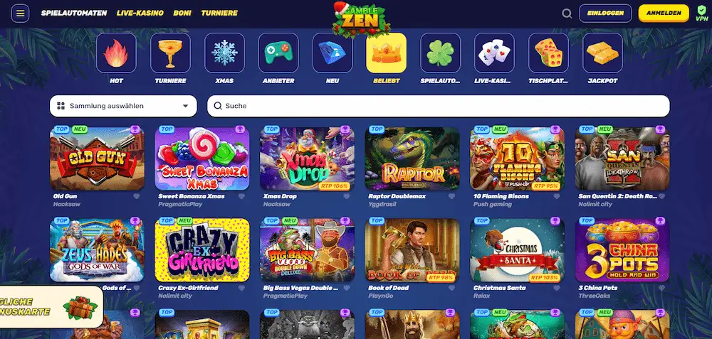 Auswahl beliebter Slots und Spiele im Gamblezen Casino