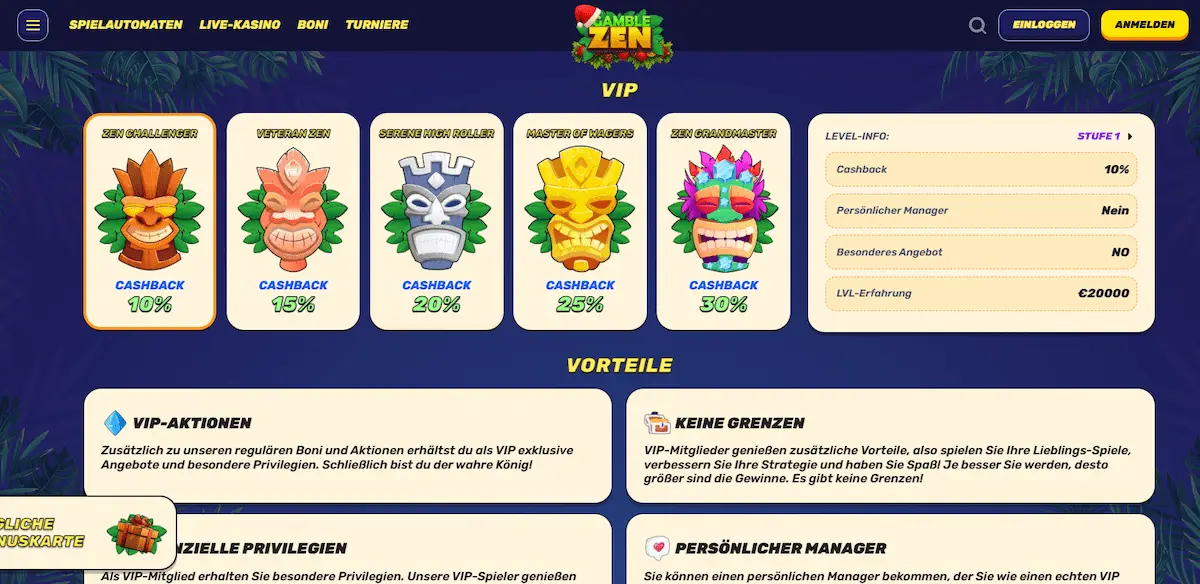 Übersicht des Gamblezen Casino VIP-Programms mit allen Stufen