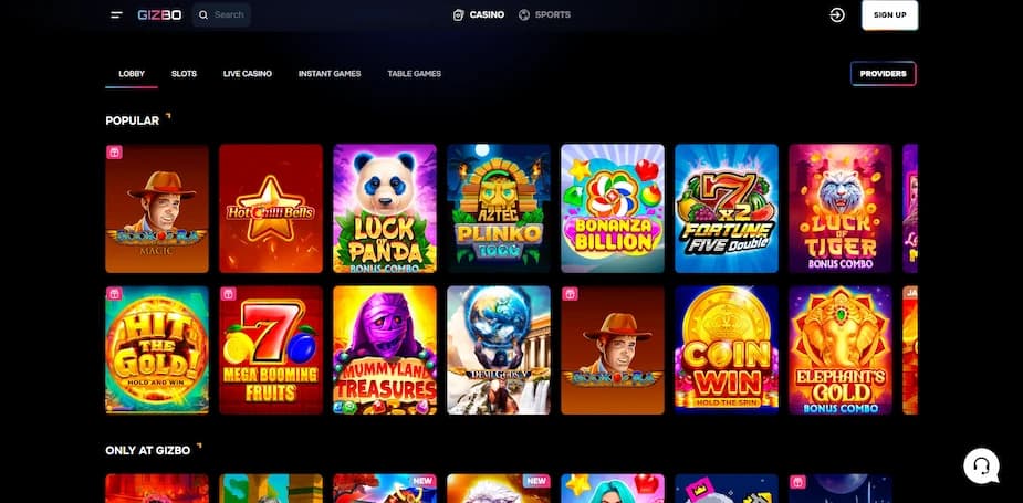 Gizbo Casino game lobby showing slot and table game categories