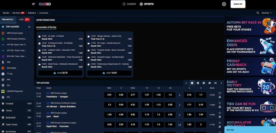 Gizbo Casino sportsbook and sports betting lobby page