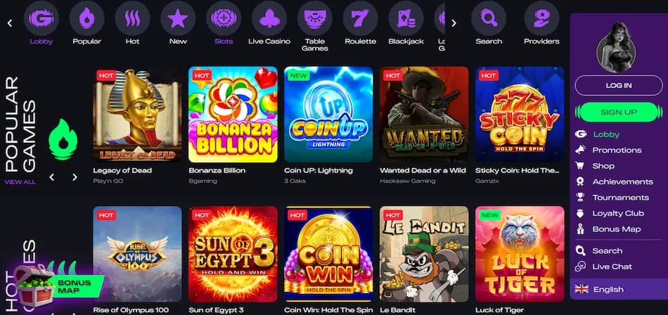 GlitchSpin casino homepage showing popular games, filtering tools, hot game highlights, and navigation menu with sign up, log in, promotions, and shop options.