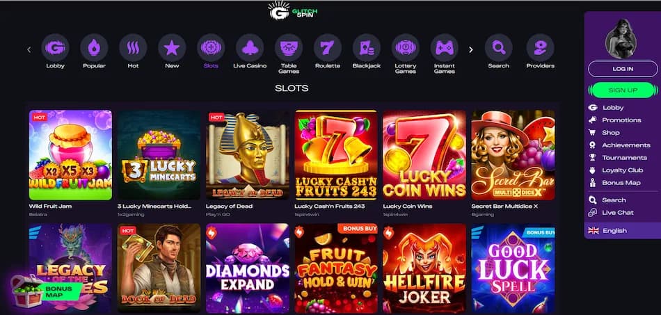 GlitchSpin casino game lobby showing slot titles including Wild Fruit Jam and Legacy of Dead alongside a sidebar navigation menu with sign up, log in, promotions, and shop options
