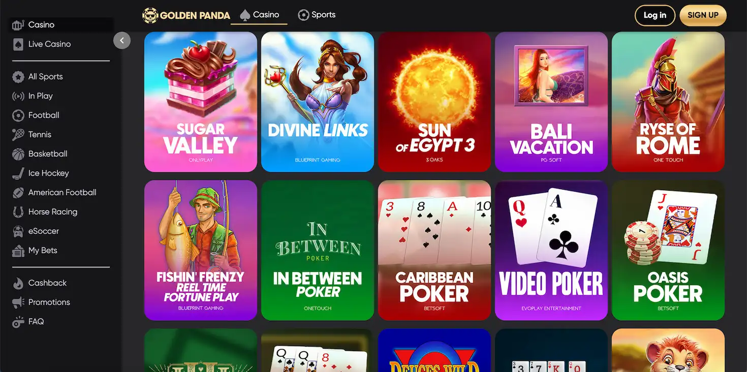 Screenshot of the Golden Panda Casino game lobby displaying available slot and table game titles.