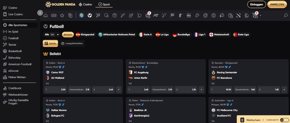 Golden Panda Casino Sportwetten Bereich mit Live-Wetten und E-Sports Optionen