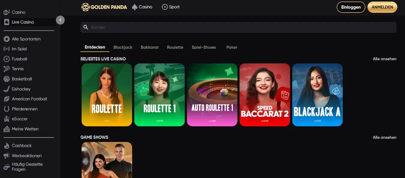 Golden Panda Casino Live Casino Bereich mit Live Dealer Spielen