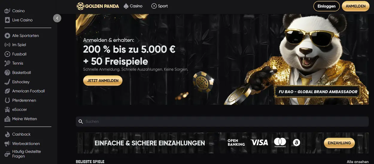 Golden Panda Casino Startseite mit Willkommensbonus und Freispielen für neue Spieler