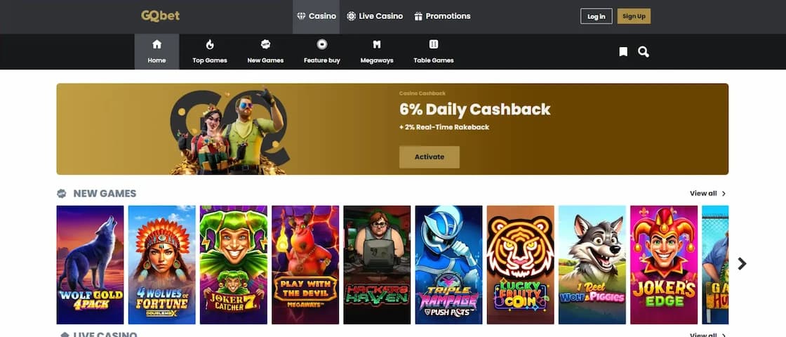 GQbet casino games lobby overview