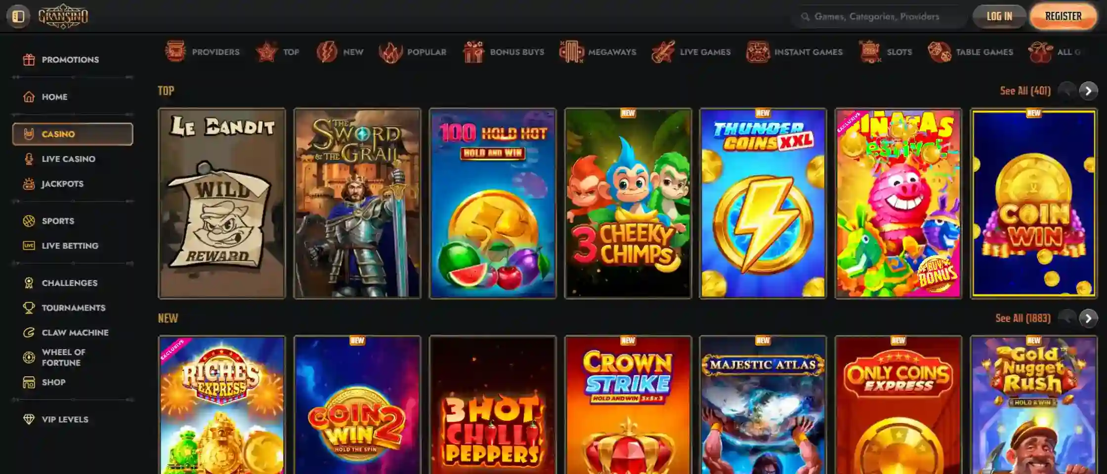 Gransino Casino lobby showcasing available games and promotions