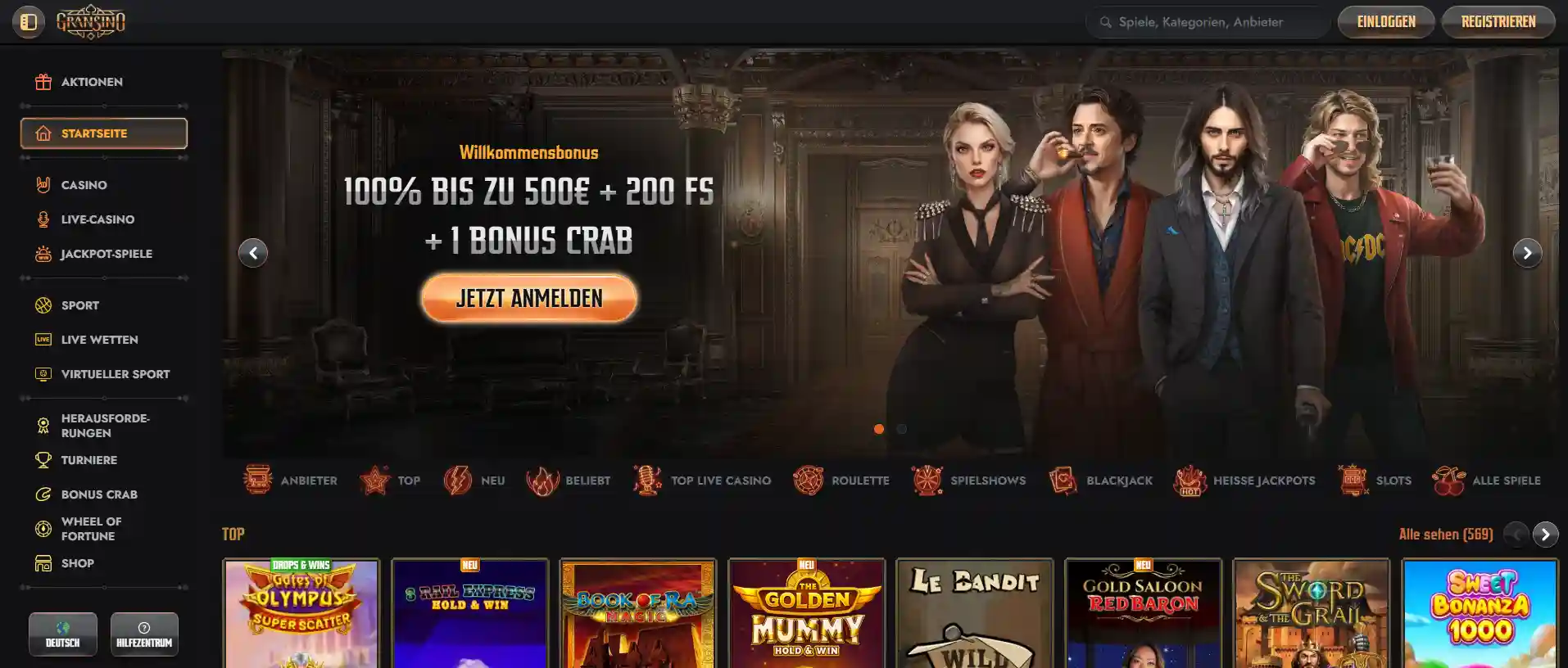 Gransino Casino Startseite mit Slots und Live Casino Spielen auf Deutsch