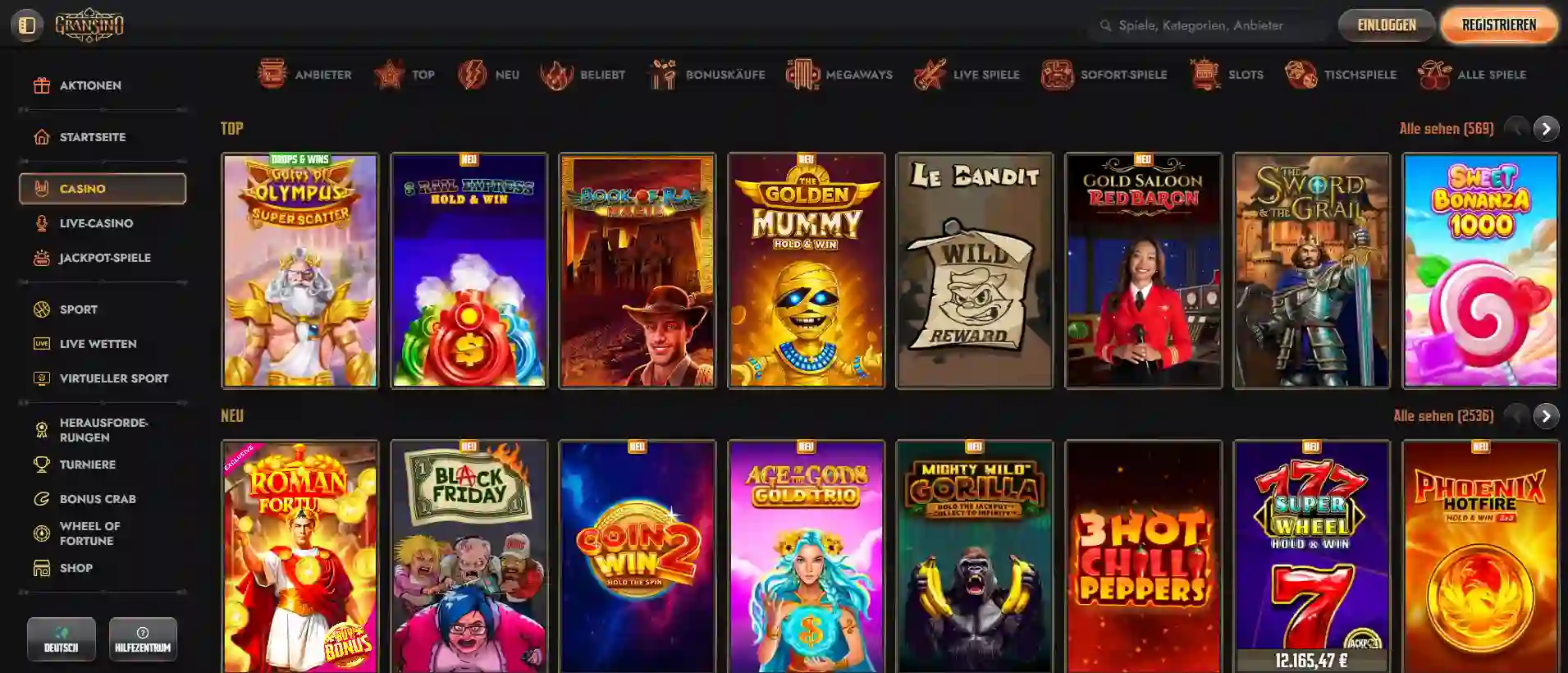 Gransino Casino Spiellobby mit beliebten Slots und Spielautomaten