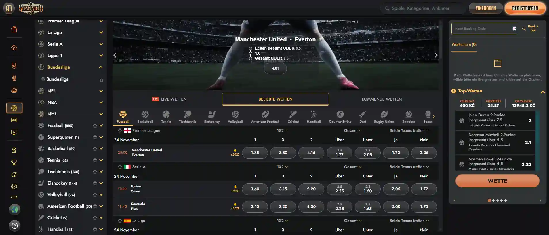 Sportwetten und Live-Wetten Bereich im Gransino Casino.