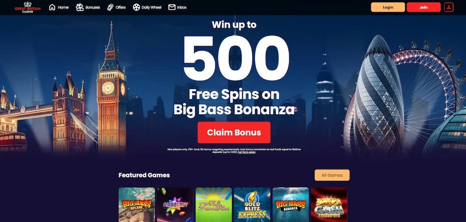 Great Britain Casino homepage featuring a welcome offer displayed against a UK landmark-themed banner