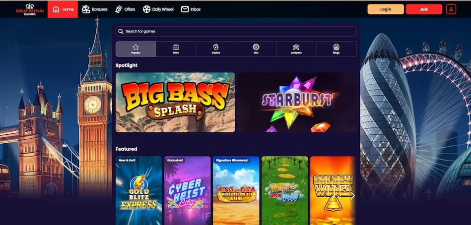 Great Britain Casino game lobby showing menu options and featured slot titles on a blue banner