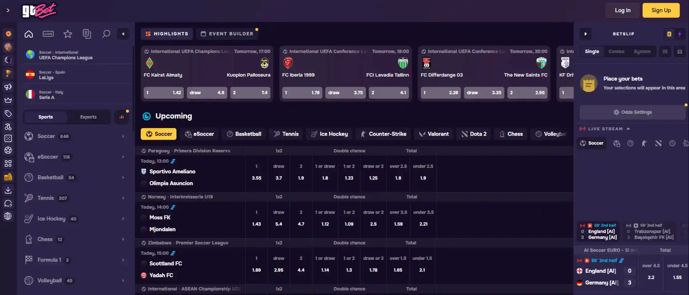 GT.bet sportsbook live betting markets and sports coverage